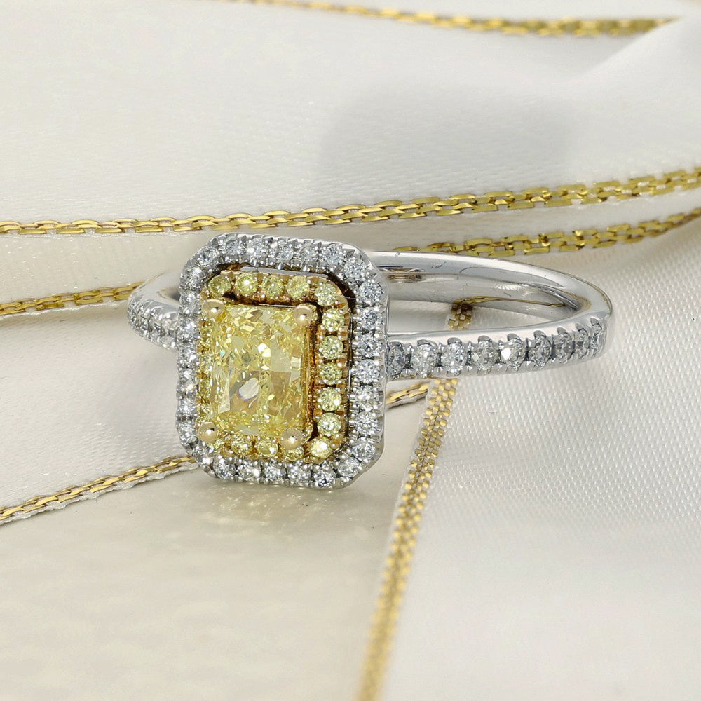 Platinum Yellow Radiant Cut Diamond & White Diamond Halo Shoulders Ring