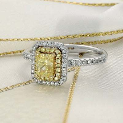 Platinum Yellow Radiant Cut Diamond & White Diamond Halo Shoulders Ring