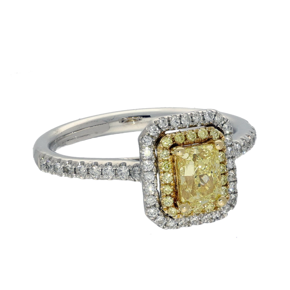 Platinum Yellow Radiant Cut Diamond & White Diamond Halo Shoulders Ring
