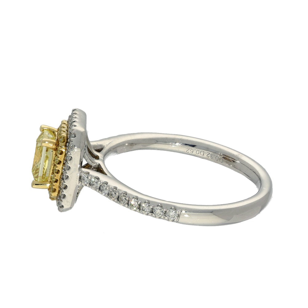 Platinum Yellow Radiant Cut Diamond & White Diamond Halo Shoulders Ring