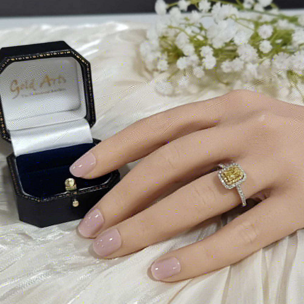 Platinum Yellow Radiant Cut Diamond & White Diamond Halo Shoulders Ring