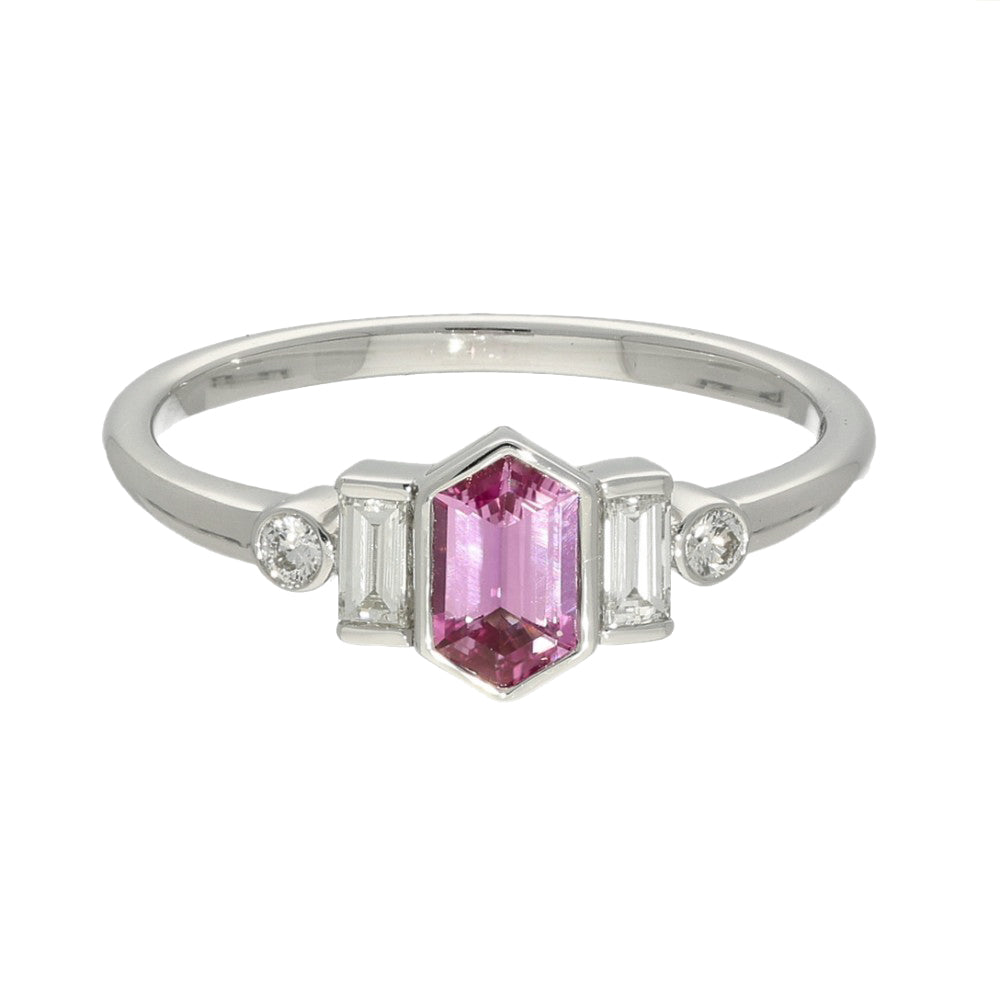 18ct White Gold Hexagonal Pink Sapphire and Diamond Bezel Set Ring