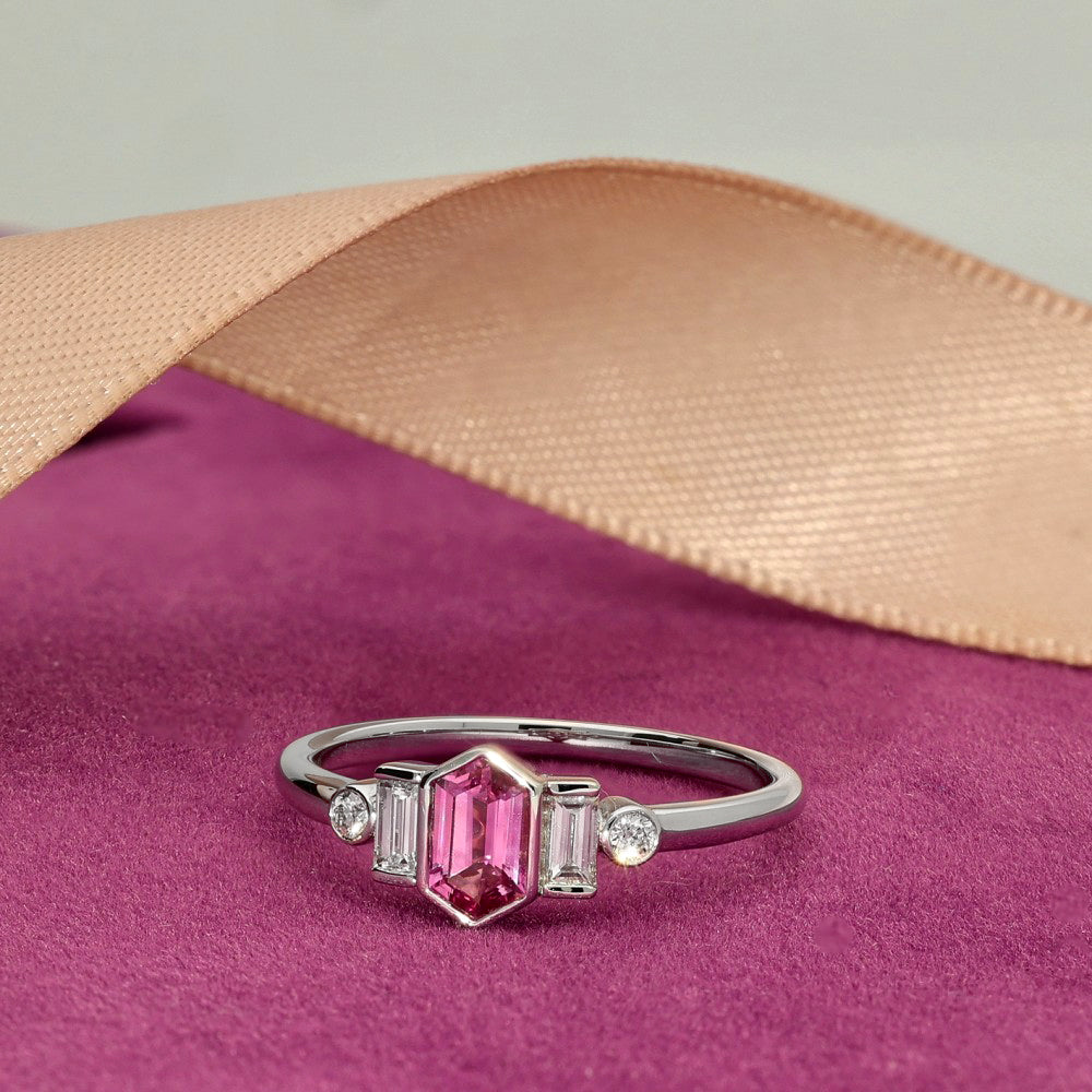18ct White Gold Hexagonal Pink Sapphire and Diamond Bezel Set Ring