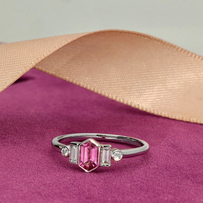 18ct White Gold Hexagonal Pink Sapphire and Diamond Bezel Set Ring