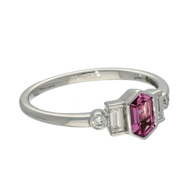 18ct White Gold Hexagonal Pink Sapphire and Diamond Bezel Set Ring