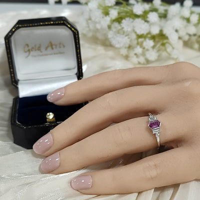 18ct White Gold Hexagonal Pink Sapphire and Diamond Bezel Set Ring