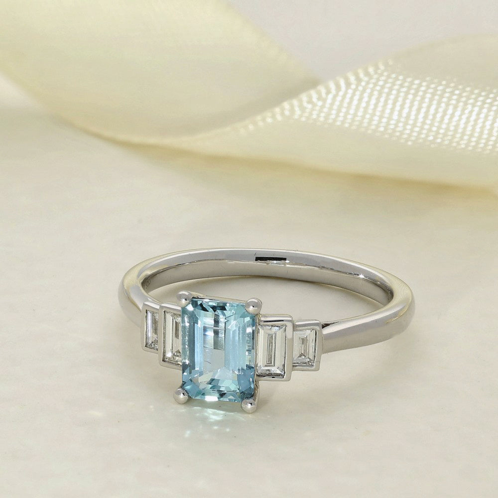 Platinum Aquamarine & Diamond Emerald Cut Art Deco Style Ring