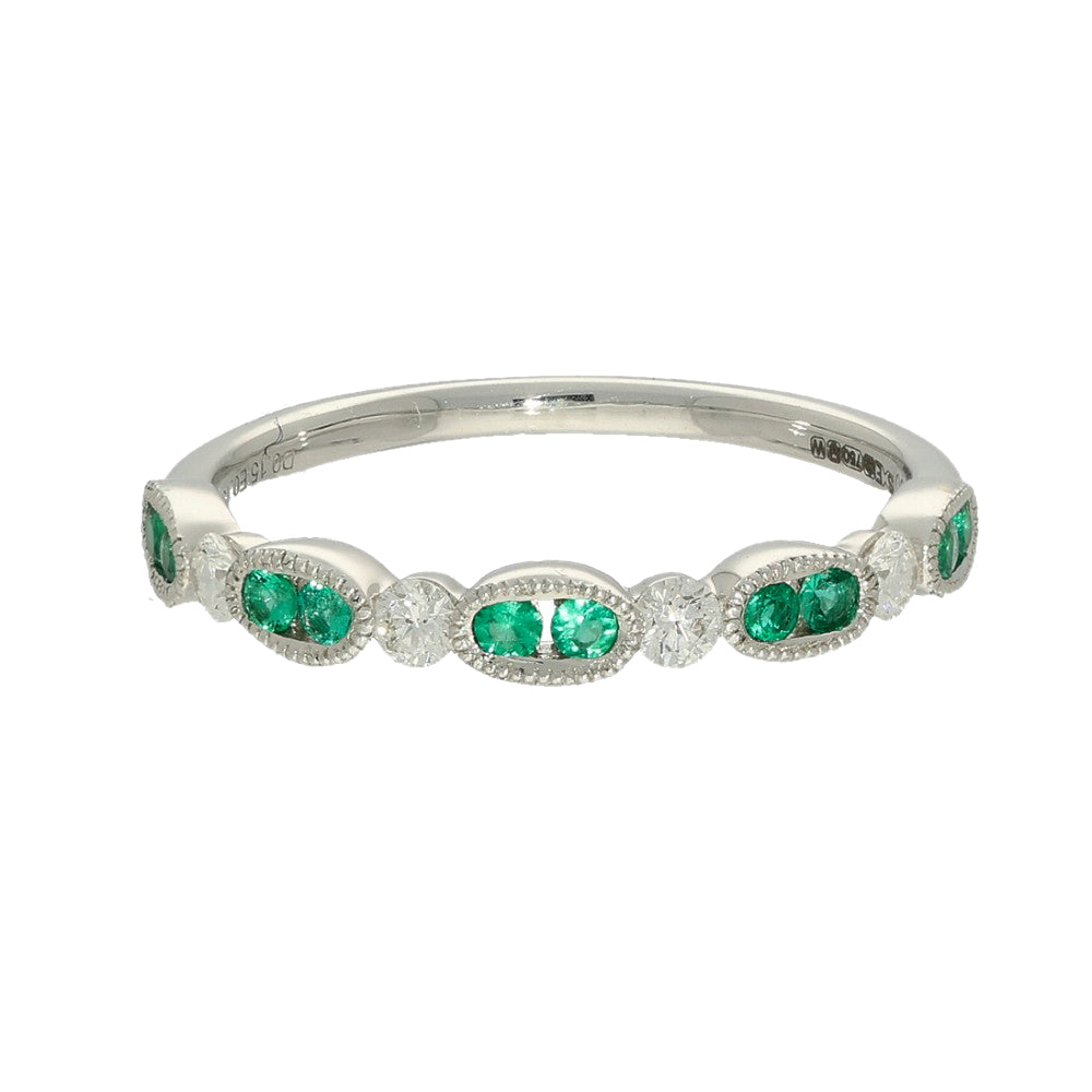 18ct White Gold Emerald & Diamond Shaped Milgrain Edge Half Eternity Ring