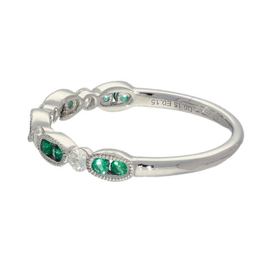 18ct White Gold Emerald & Diamond Shaped Milgrain Edge Half Eternity Ring