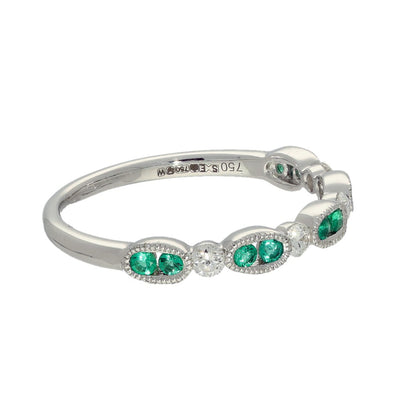 18ct White Gold Emerald & Diamond Shaped Milgrain Edge Half Eternity Ring