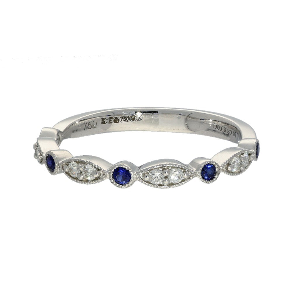 18ct White Gold Sapphire & Diamond Shaped Milgrain Edge Half Eternity Ring