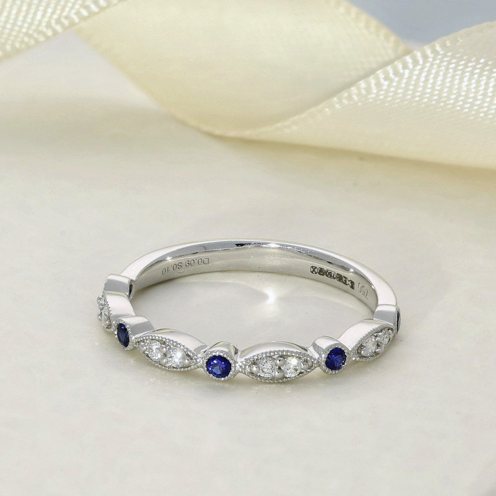 18ct White Gold Sapphire & Diamond Shaped Milgrain Edge Half Eternity Ring