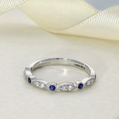 18ct White Gold Sapphire & Diamond Shaped Milgrain Edge Half Eternity Ring