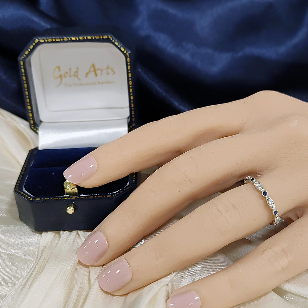 18ct White Gold Sapphire & Diamond Shaped Milgrain Edge Half Eternity Ring