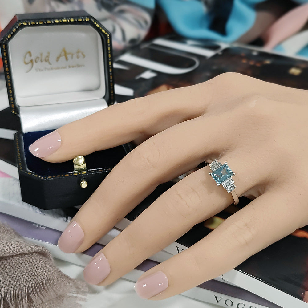 Platinum Aquamarine & Diamond Emerald Cut Art Deco Style Ring