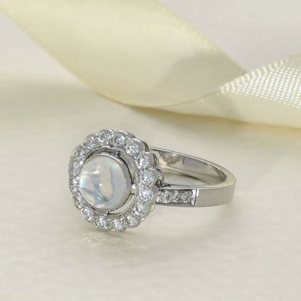 18ct White Gold Moonstone & Diamond Halo Ring