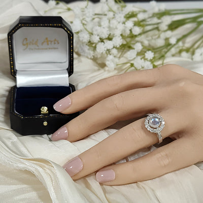 18ct White Gold Moonstone & Diamond Halo Ring