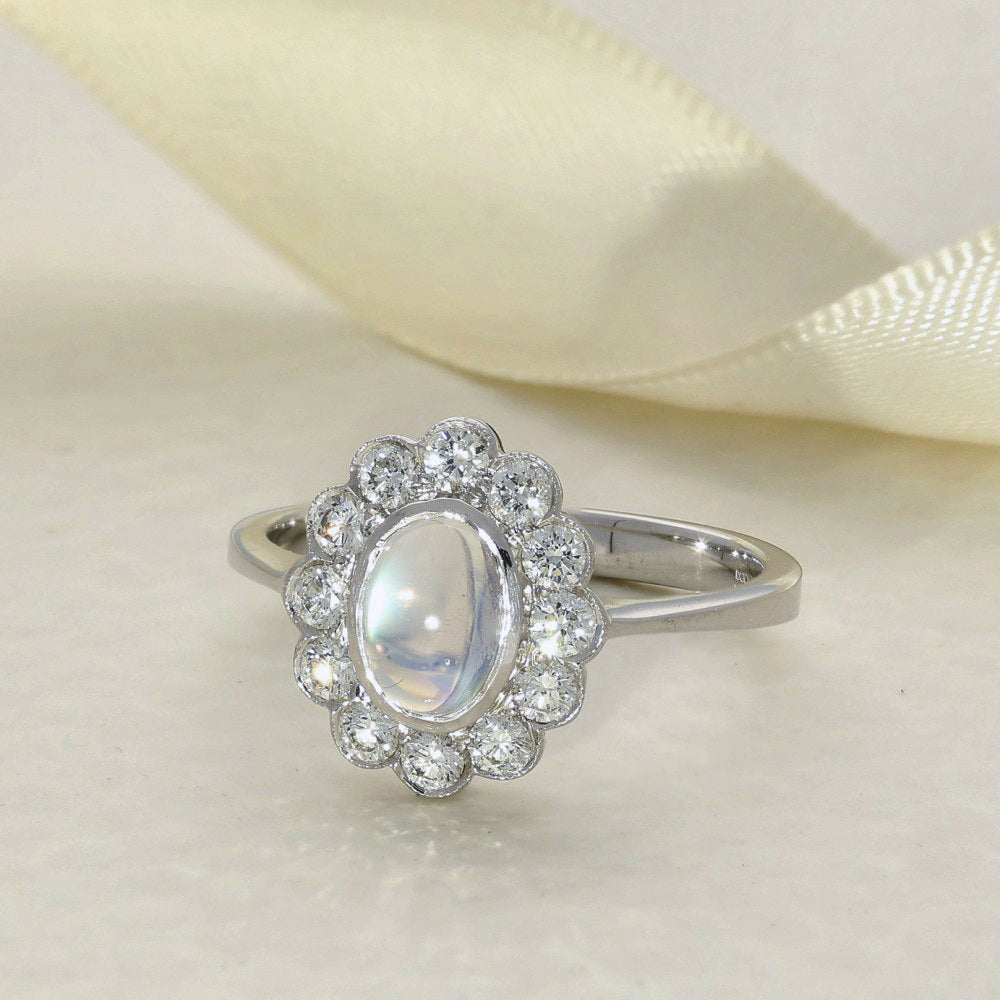 18ct White Gold Moonstone & Diamond Oval Halo Ring