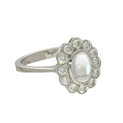 18ct White Gold Moonstone & Diamond Oval Halo Ring