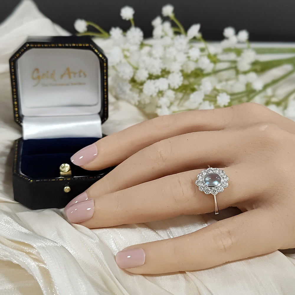 18ct White Gold Moonstone & Diamond Oval Halo Ring