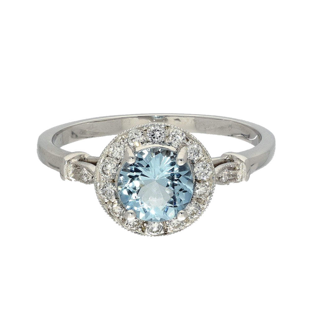 18ct White Gold Aquamarine & Diamond Halo Ring