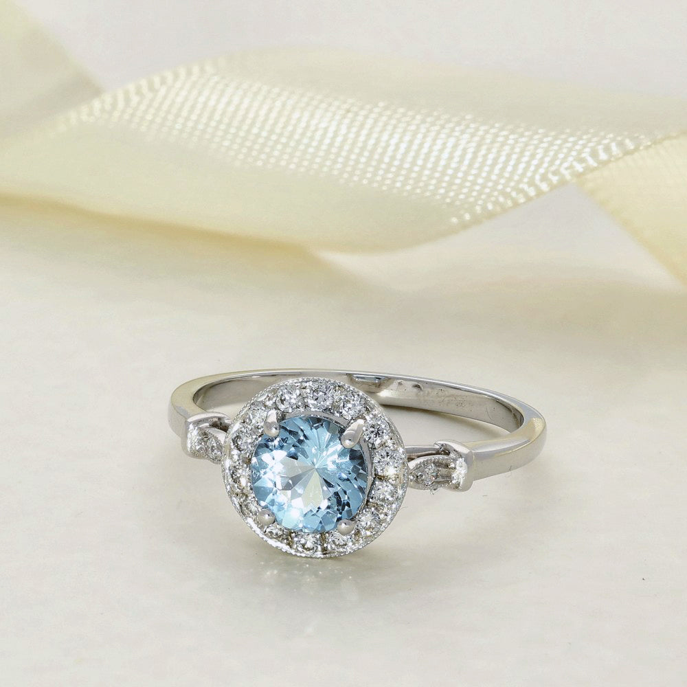 18ct White Gold Aquamarine & Diamond Halo Ring
