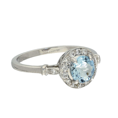 18ct White Gold Aquamarine & Diamond Halo Ring