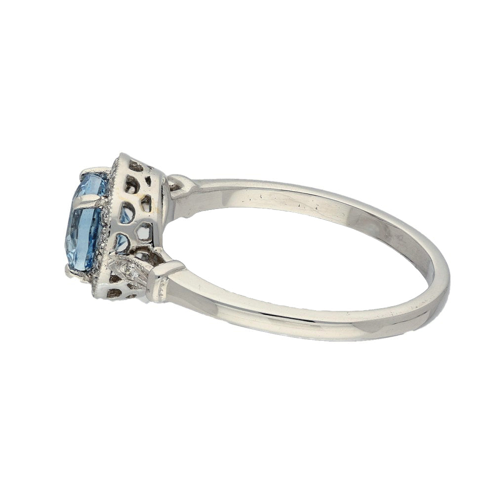 18ct White Gold Aquamarine & Diamond Halo Ring