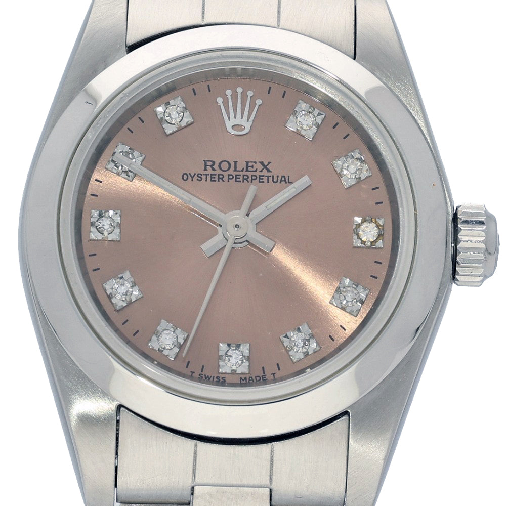 Pre-owned Rolex Oyster Perpetual 76080 2002 24mm Salmon Pink Diamond Set Dial Watch