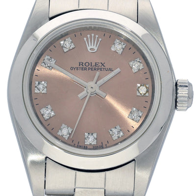 Pre-owned Rolex Oyster Perpetual 76080 2002 24mm Salmon Pink Diamond Set Dial Watch