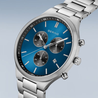 Bering Titanium Mens Brushed Silver Titan Chrono Watch with Blue Sunray Dial 11743-707