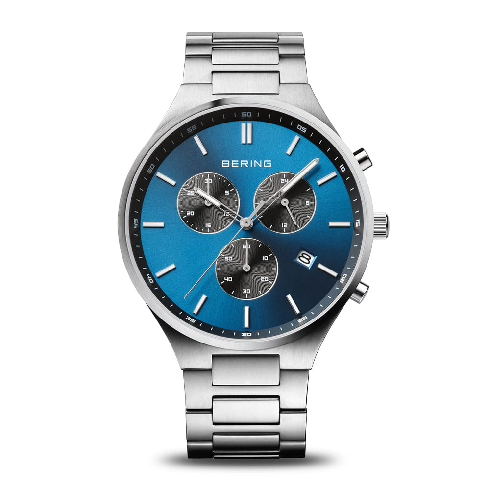 Bering Titanium Mens Brushed Silver Titan Chrono Watch with Blue Sunray Dial 11743-707
