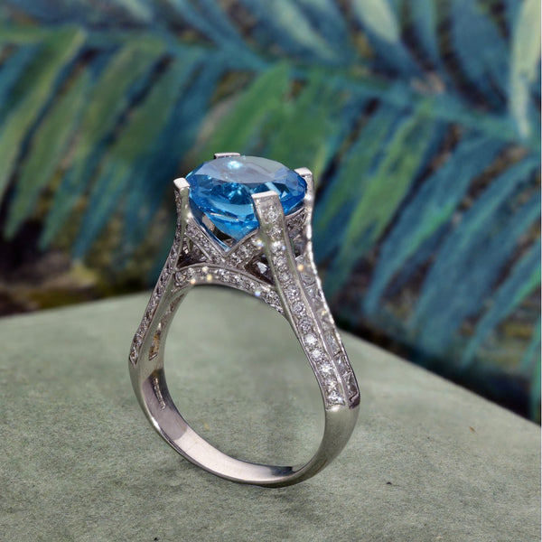 Blue topaz and white diamond hot cocktail ring semi precious 10k gold