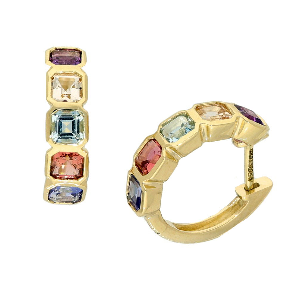 9ct Yellow Gold Octagon Colourful Multi Gemstone Huggy Hoop Earrings