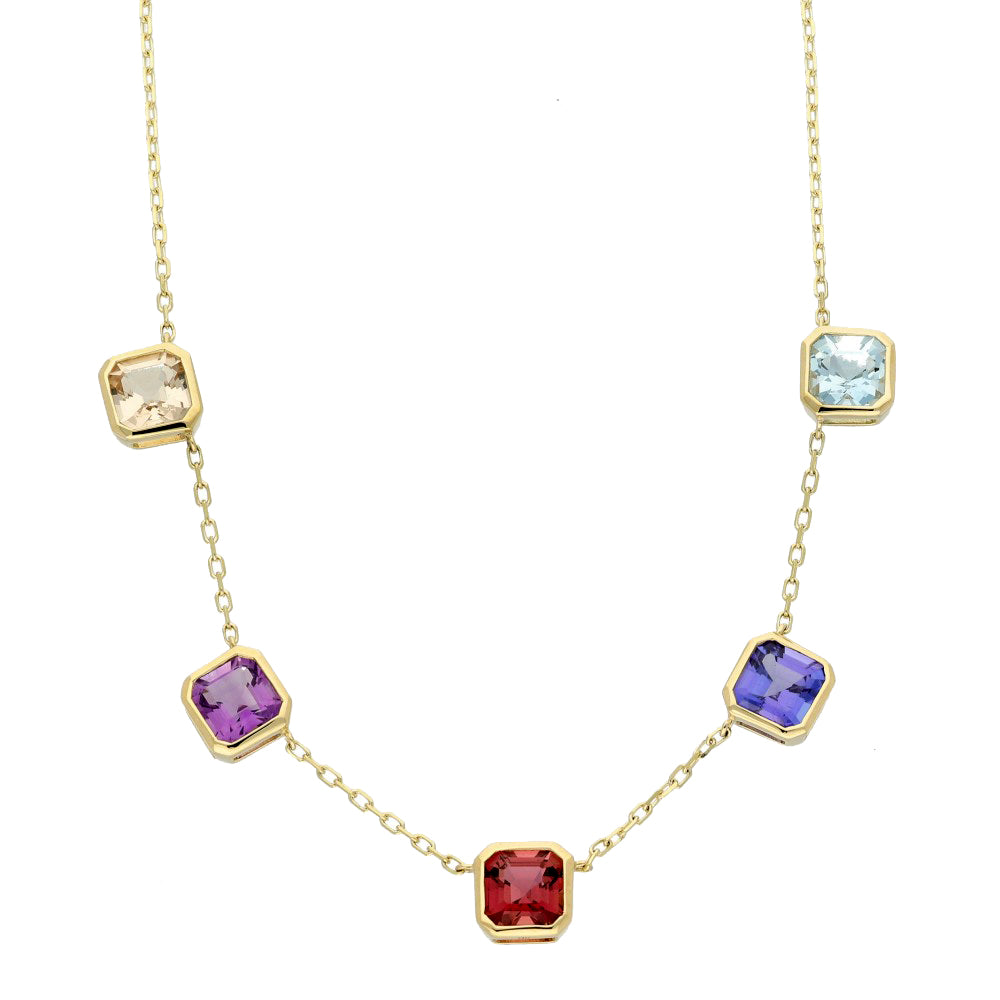 9ct Yellow Gold Square Step Cut Colourful Multi Gemstone Necklace 16"