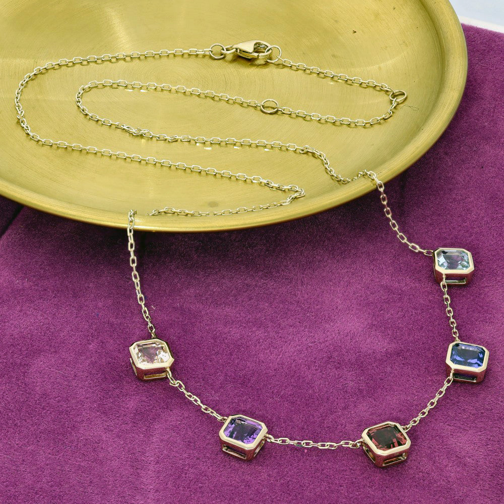 9ct Yellow Gold Square Step Cut Colourful Multi Gemstone Necklace 16"