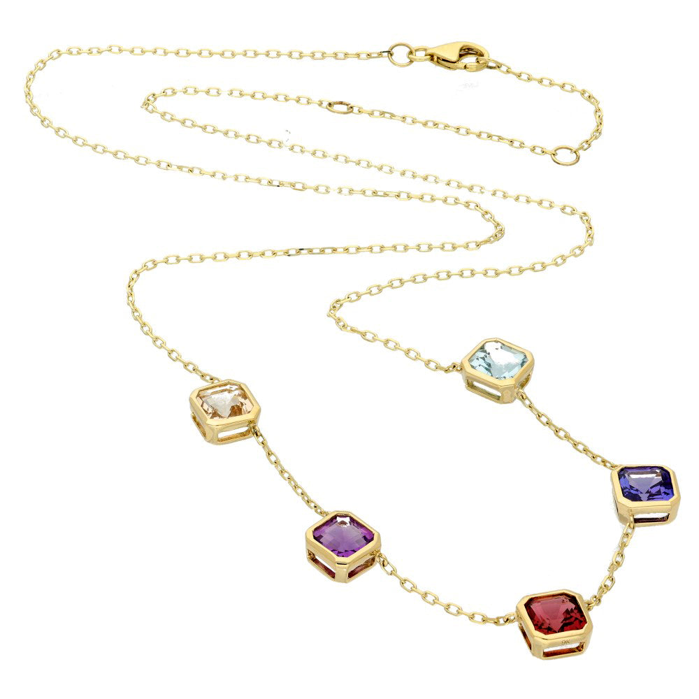 9ct Yellow Gold Square Step Cut Colourful Multi Gemstone Necklace 16"