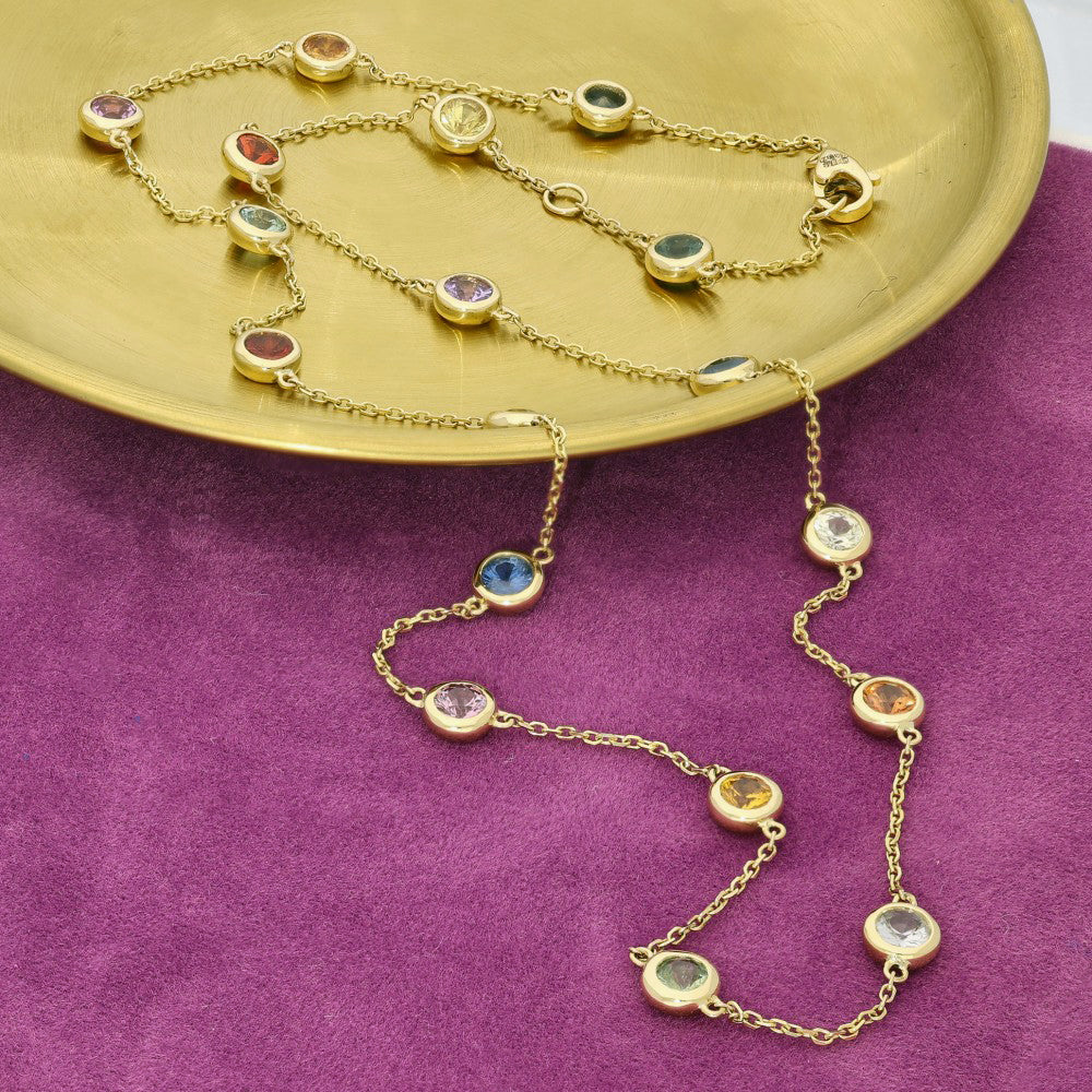 18ct Yellow Gold Multicolour Sapphire Yard Necklace Bezel Setting 18"