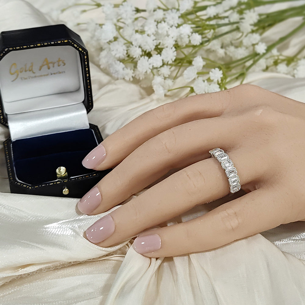 18ct White Gold 1.15ct Emerald Cut Diamond Milgrain Half Eternity Ring