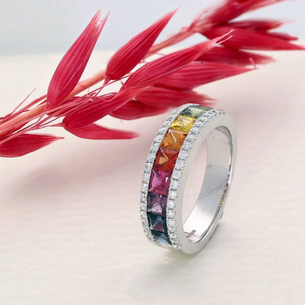18ct White Gold Rainbow Sapphire and Diamond Half Eternity Ring