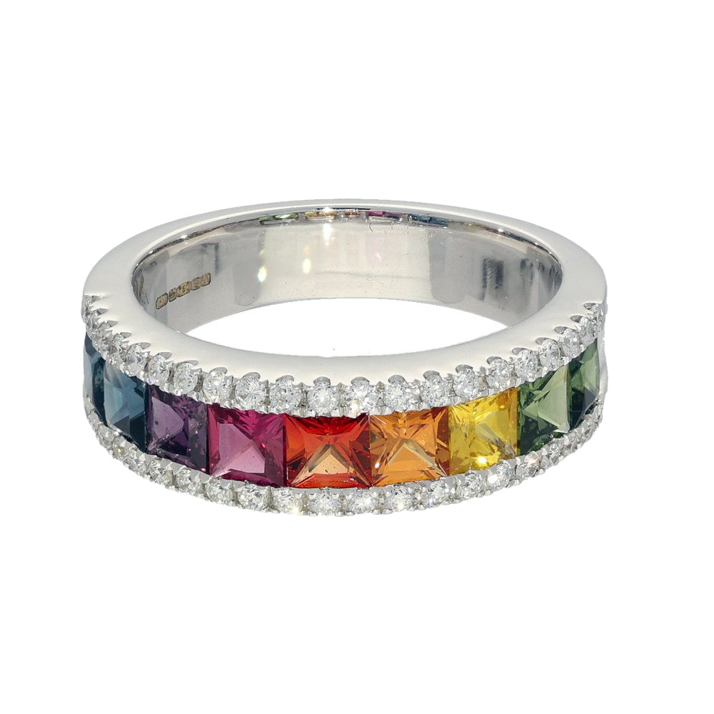 18ct White Gold Rainbow Sapphire and Diamond Half Eternity Ring