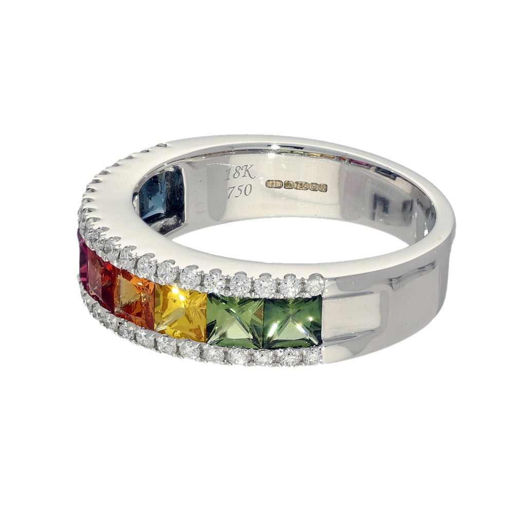 18ct White Gold Rainbow Sapphire and Diamond Half Eternity Ring