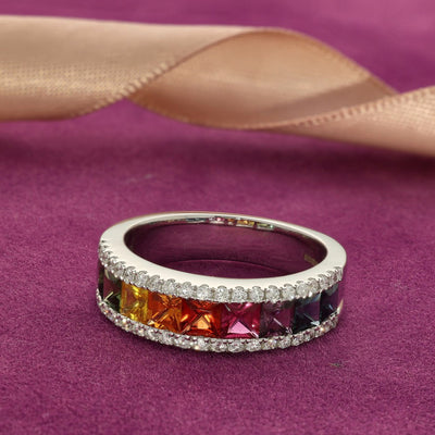 18ct White Gold Rainbow Sapphire and Diamond Half Eternity Ring