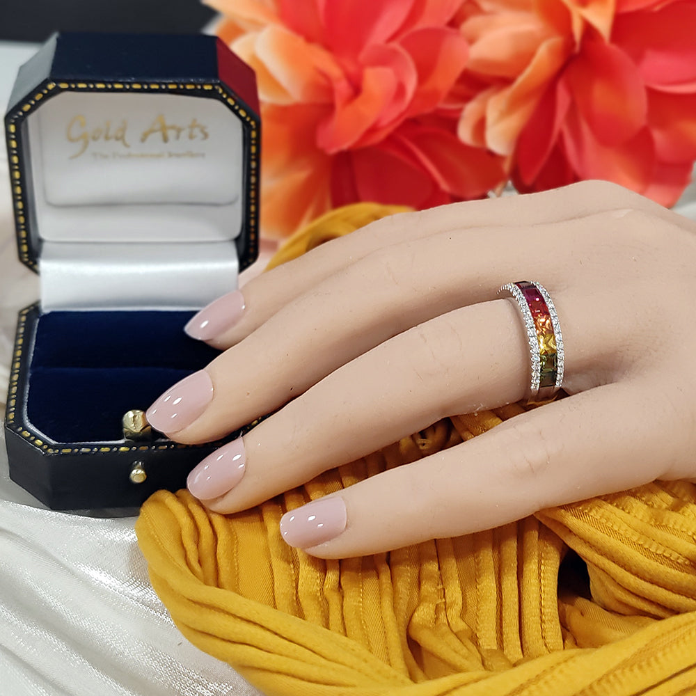 18ct White Gold Rainbow Sapphire and Diamond Half Eternity Ring