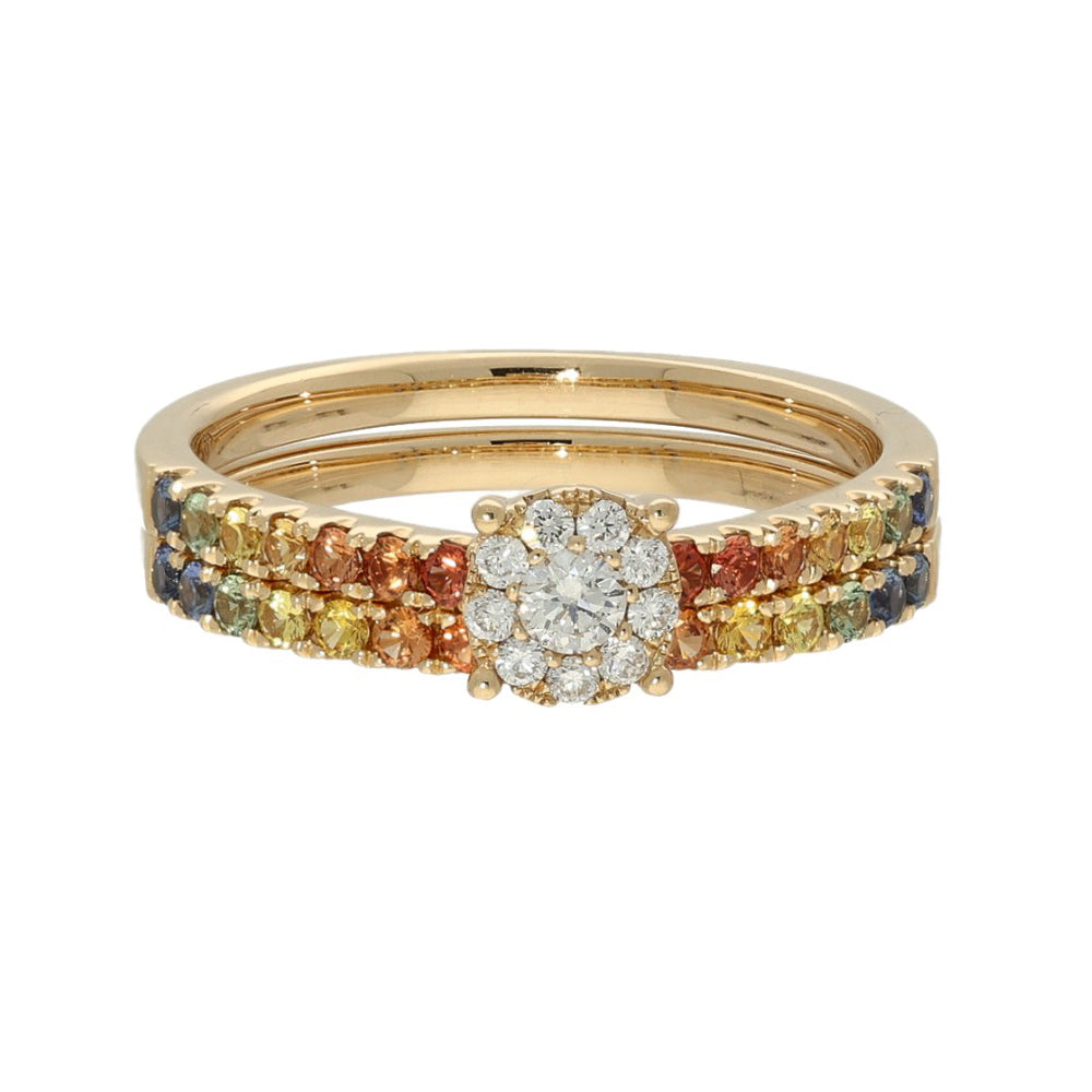 18ct Rose Gold Rainbow Sapphire and Diamond Bridal Ring Set