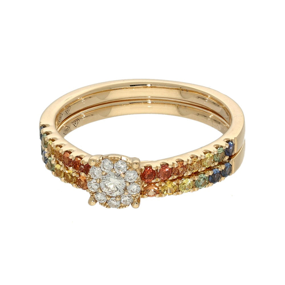 18ct Rose Gold Rainbow Sapphire and Diamond Bridal Ring Set