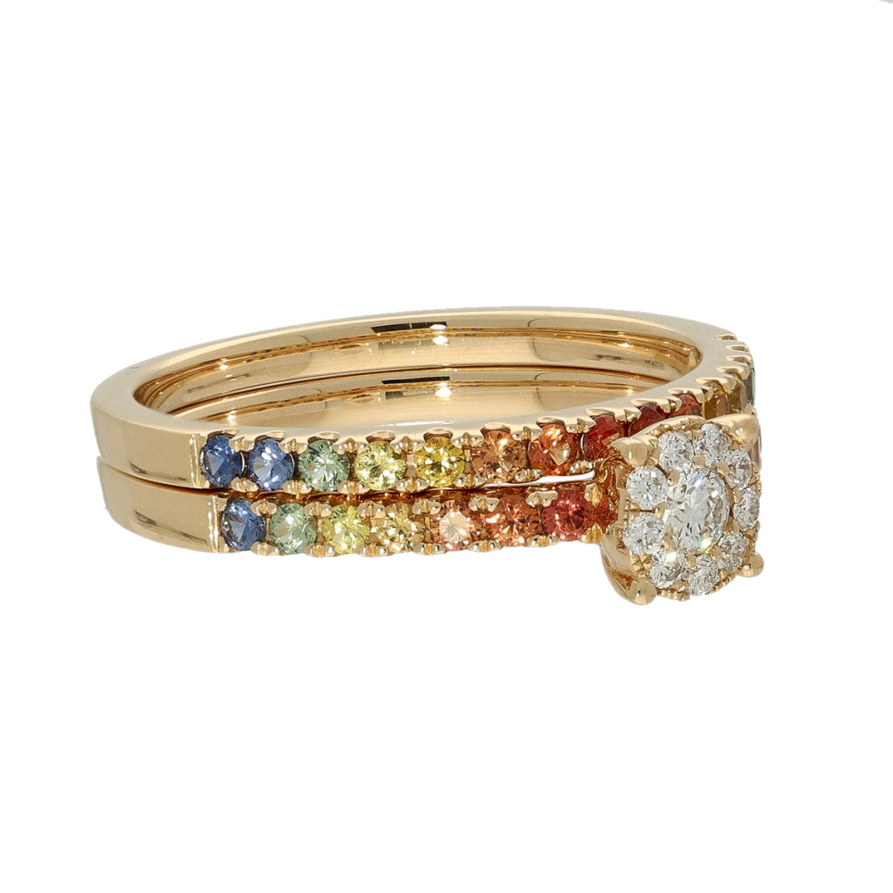 18ct Rose Gold Rainbow Sapphire and Diamond Bridal Ring Set