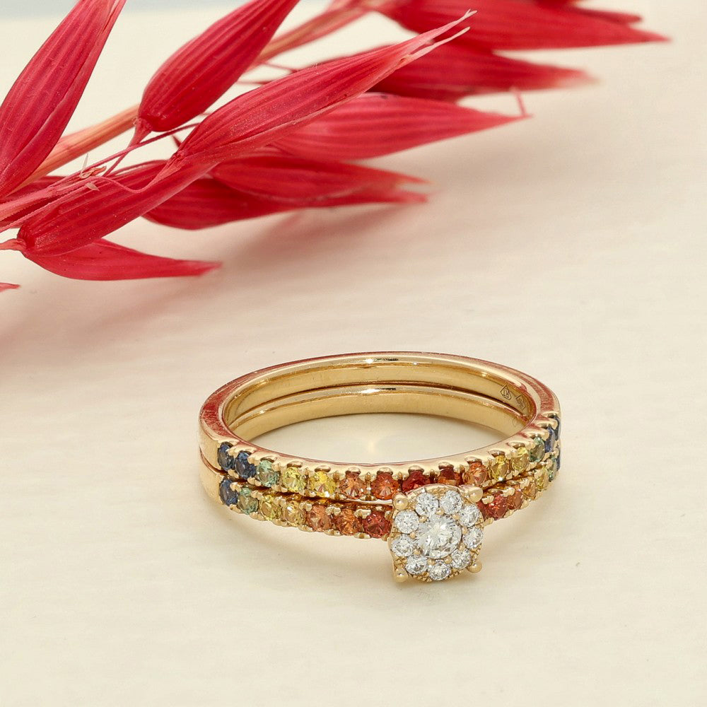 18ct Rose Gold Rainbow Sapphire and Diamond Bridal Ring Set