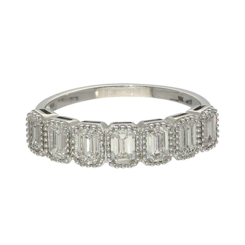 18ct White Gold 1.15ct Emerald Cut Diamond Milgrain Half Eternity Ring