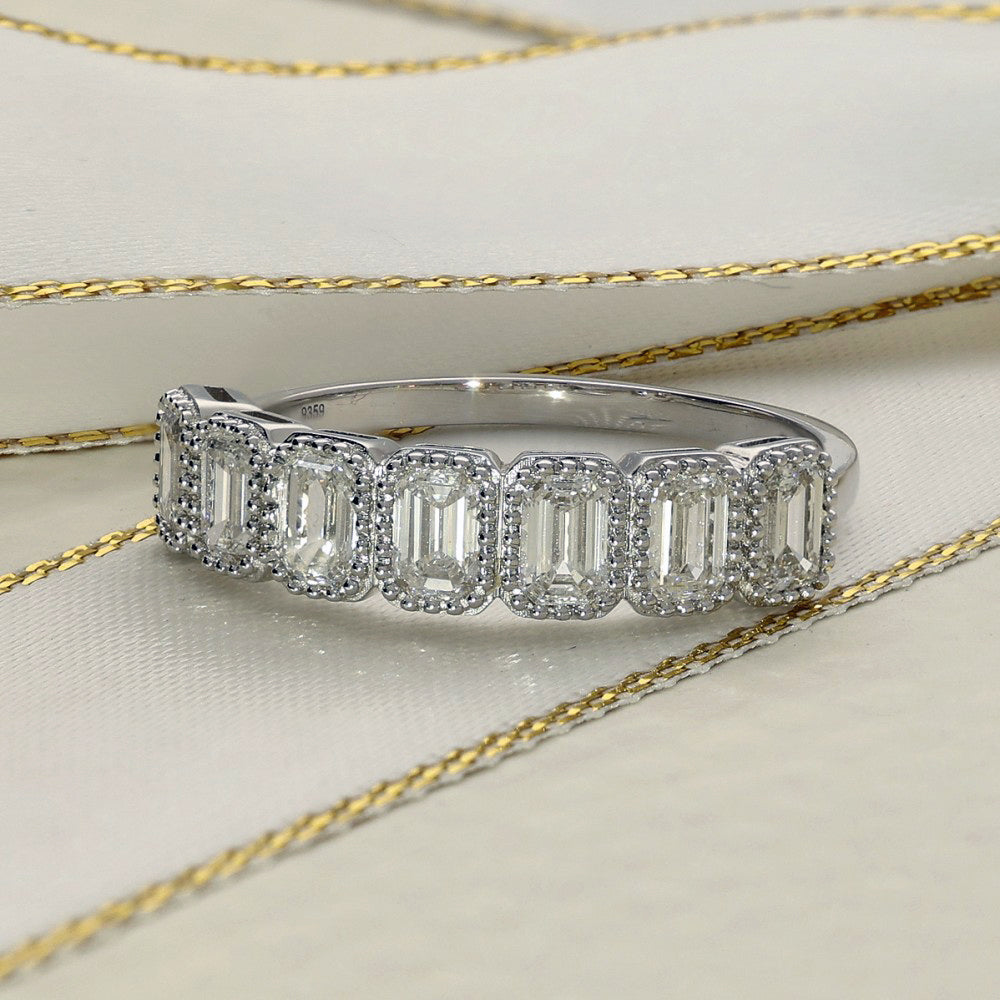 18ct White Gold 1.15ct Emerald Cut Diamond Milgrain Half Eternity Ring